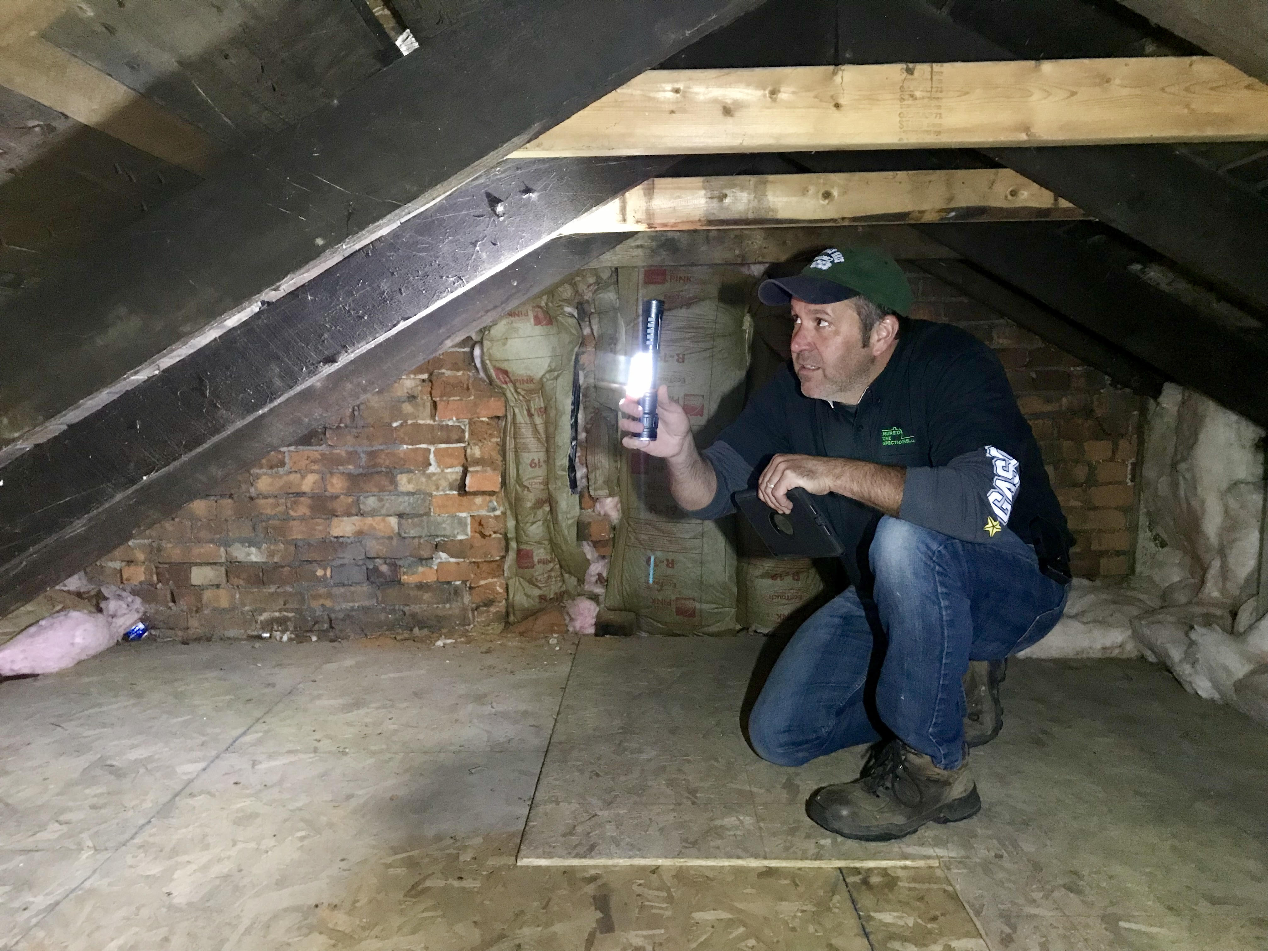 Wayne Mitchell of Assured Home Inspections inspecting the attic of a single family home